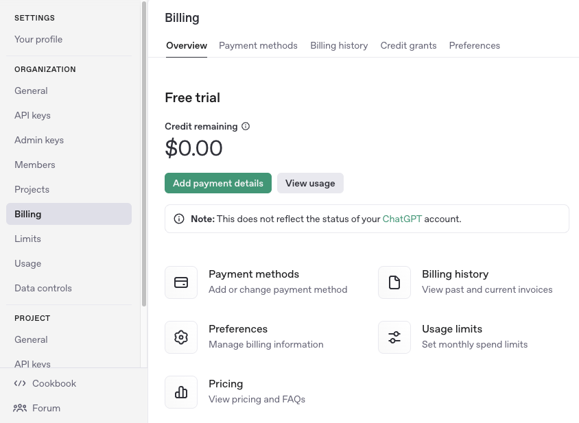 Pantalla oficial de facturación de OpenAI con la opción Add payment details