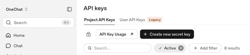 Pantalla real de OpenAI Platform con la sección API Keys y el botón Create new secret key