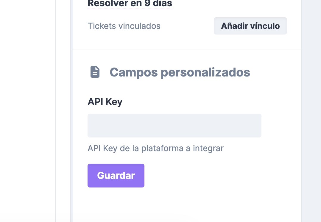 Ejemplo real del campo protegido API Key en un ticket de implementación de OneChat