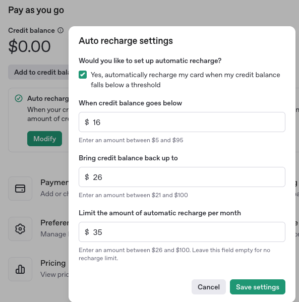 Configuración oficial de recarga automática en OpenAI